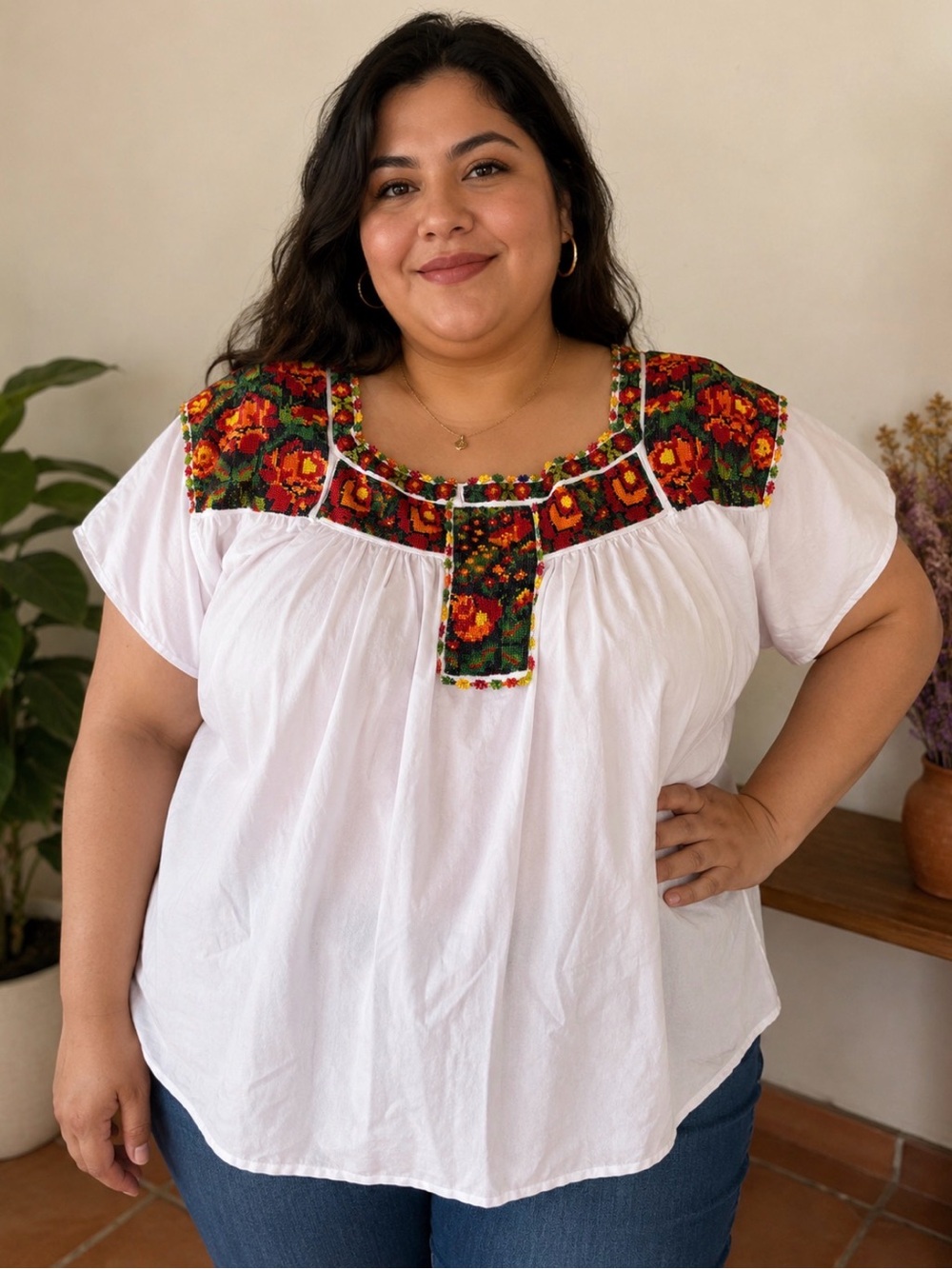White handmade beaded Top with Floral Yoke